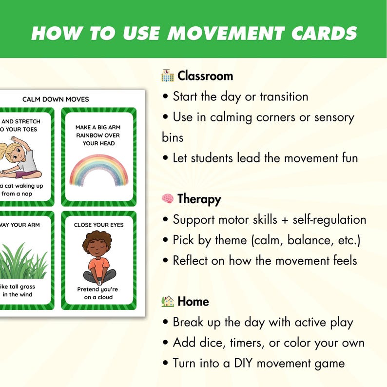 Movement Break Cards for Kids, Exercise Cards, Brain Break, Color-Coded Activities, 40 Printable Flashcards, Classroom & Homeschool Movement image 8