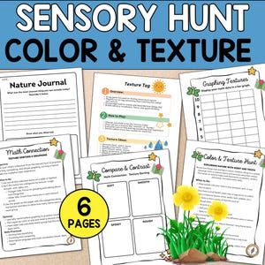 Puede incluir: Un conjunto de seis páginas imprimibles para una actividad de búsqueda sensorial. Las páginas presentan ilustraciones coloridas de mariposas, flores y una brújula. El texto en las páginas incluye "Sensory Hunt", "Color & Texture", "Nature Journal", "Texture Tag", "Graphing Textures", "Math Connection", "Compare & Contrast", y "Color & Texture Hunt".