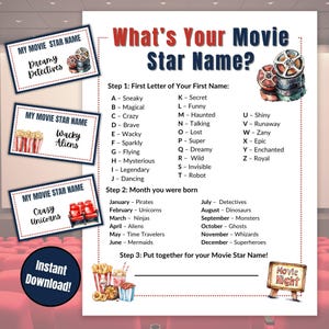 Movie Night Fun Name Generator Printable, Icebreaker What&#39;s Your Name Game-Slumber Parties, Girls Night, Family Game Night, Hollywood Theme