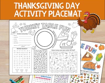 May include: A Thanksgiving Day activity placemat featuring black and white line art for coloring. The sheet includes a word scramble, a word search, a maze, and a counting game. A colorful cartoon turkey illustration is positioned at the top right.