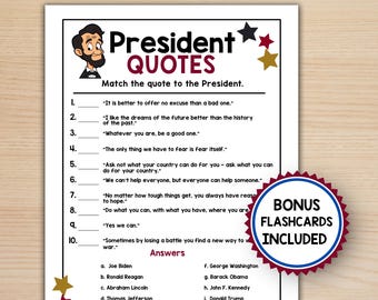 Presidents’ Day Quote Matching Game, U.S. Presidents + Famous Quotes Flashcards Bonus, Homeschool History PDF, President Day Printables