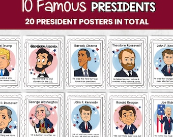 Presidents Day Posters for Kids,  20 US Presidents Posters - Facts & Quotes, History Bulletin Board Decor, Historical President Printables