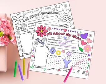 Napperons d'activités imprimables pour la fête des mères pour maman et grand-mère, coloriage pour enfants, recherche de mots, dessin et travaux manuels d'écriture, téléchargement numérique PDF
