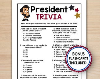 President Day Trivia Printable for Kids, U.S. History Quiz + Answer Key, Homeschool History, Historical Figures, President Day Printables
