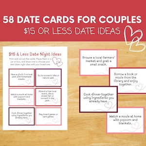 Printable 58 Couple Date Night Cards for 15 Dollars & Less Activities on a Date for Date Night Jar for Easy, Affordable Dates, Year of Dates