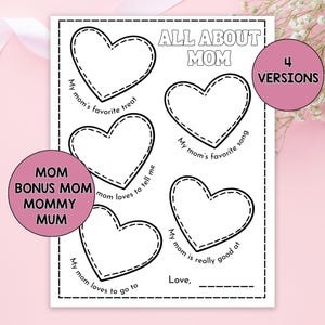 Hoja de trabajo imprimible "Todo sobre mamá" para niños, para mamá, mamá, versión extra para mamá, regalo para el Día de la Madre, tamaño A4 y carta, descarga instantánea.