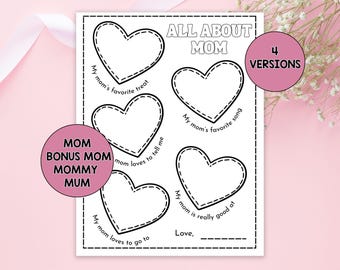 All About Mom Printable Worksheet for Kids for Mom, Mommy, Mum, Bonus Mom Versions, Mother’s Day Gift, A4 and Letter Size Instant Download