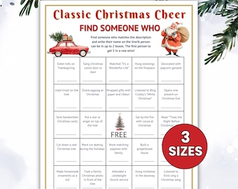May include: A Classic Christmas Cheer Find Someone Who game sheet featuring a grid of holiday-themed prompts, a red car with a tree, Santa Claus, and a red circle graphic with the text 3 SIZES. The game includes a free space with a tree.
