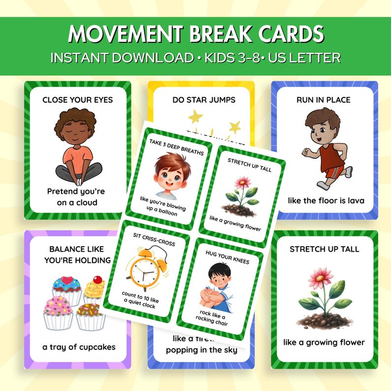 Movement Break Cards for Kids, Exercise Cards, Brain Break, Color-Coded Activities, 40 Printable Flashcards, Classroom & Homeschool Movement image 1