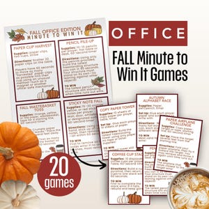 May include: A collection of Fall Office Edition Minute to Win It game cards featuring instructions for challenges like Paper Clip Harvest, Pencil Pile-Up, and Fall Wastebasket Toss. The set includes 20 games, decorated with orange and white pumpkins.