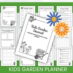 May include: A Kids Garden Journal with the title "Kids Garden Journal" and the text "Record and Keep Track of Your Garden." The journal includes pages for weather tracking, garden memory, and future garden goals. Decorative flower stickers are included.
