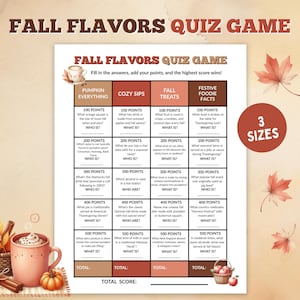 May include: A fall-themed quiz game with the title "Fall Flavors Quiz Game." The game features categories like "Pumpkin Everything" and "Cozy Sips." The design includes fall leaves, a mug of hot chocolate, and a pumpkin.
