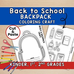 Puede incluir: Una hoja de actividades de manualidades y coloreado Back to School Backpack con un diseño para recortar y pegar. El imprimible incluye el contorno de una mochila grande y recortes de útiles escolares como lápiz, ceras, pegamento y tijeras.