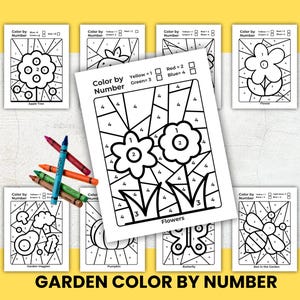 May include: A set of eight printable color by number coloring pages featuring a garden theme. The pages include images of an apple tree, flowers, garden veggies, a pumpkin, a butterfly, and a bee in the garden. Each page has a color key with numbers corresponding to the colors to be used.