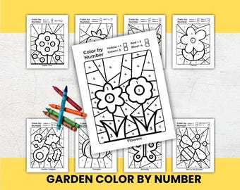 Garden Color by Number Preschool, Kinder, first Grade School Learning Pages for Homeschool, Classroom, Preschool Program for Garden Learning
