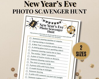 Könnte beinhalten: Ein New Year's Eve Foto-Schnitzeljagd-Spielblatt mit einer Liste von Fotoaufforderungen. Das Blatt enthält Aufforderungen wie "Jemand, der Glitzer oder Pailletten trägt" und "Ein Gruppen-Selfie mit lustigen Gesichtern". Erhältlich in 2 Größen.