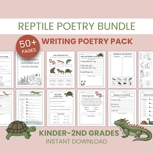 Puede incluir: Un paquete de páginas imprimibles de escritura de poesía con temática de reptiles para los grados de jardín de infancia a 2º. Las páginas incluyen poemas acrósticos, actividades de emparejamiento y ejercicios para completar. El paquete presenta ilustraciones de tortugas, serpientes y caimanes. El texto dice "Reptile Poetry Bundle".