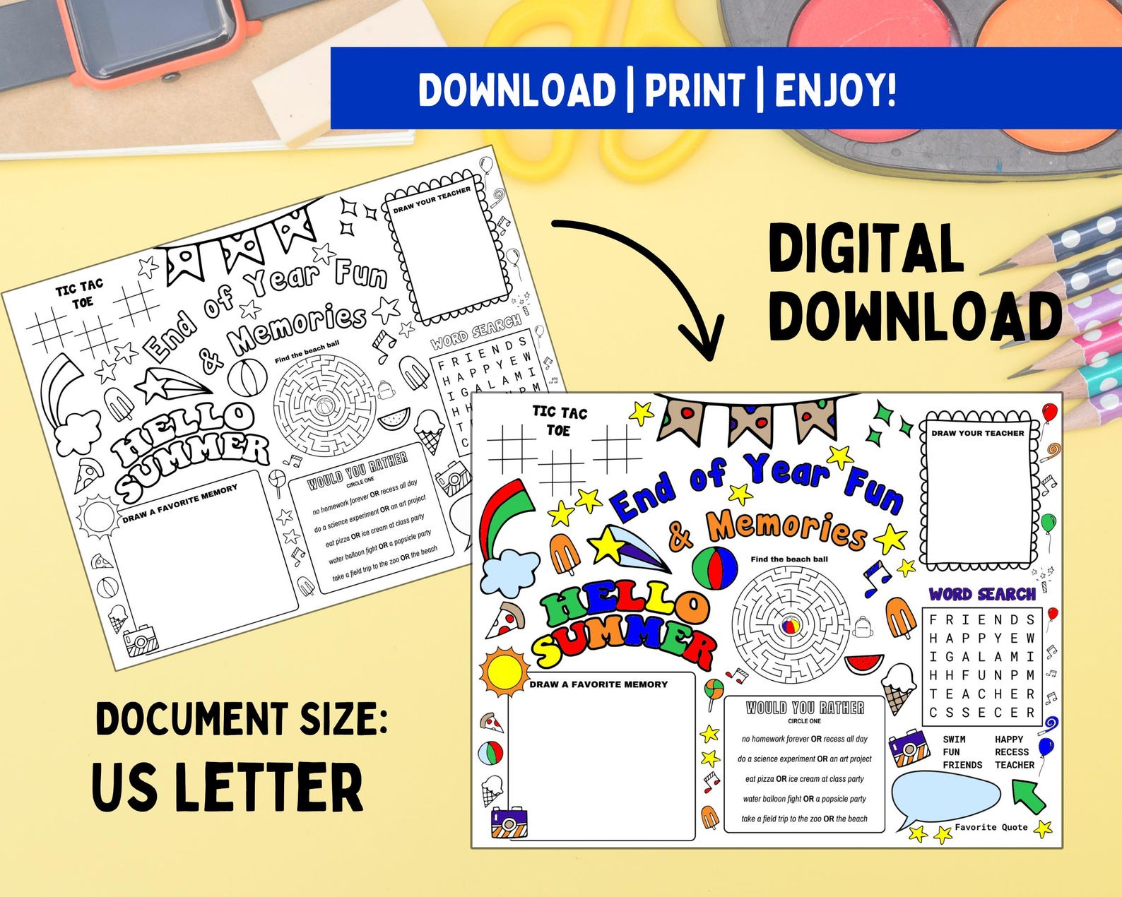 End of the School Year Printable Placemat for Kids, Last Day of School ...