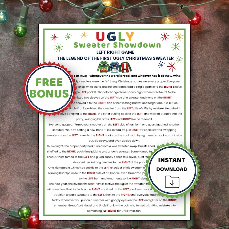 Ugly Sweater Left Right Christmas Game, Pass the Gift Game, Icebreaker
