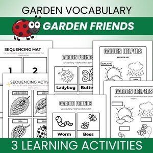 Kids Garden Friends-unit woordenschatactiviteitenpakket: woordenkaarten, levenscyclusvolgorde lieveheersbeestjes, labelactiviteiten Vrienden in de tuin