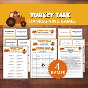 May include: A collection of Thanksgiving-themed games titled "Turkey Talk." The games include score sheets, trivia, and "This or That" options. The image features a cartoon tractor and the text "4 GAMES."