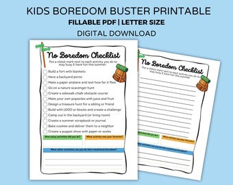 Kids Boredom Buster Printable – Summer Edition, Fillable PDF Activity List, Editable Checklist to Keep Kids Busy, screen-free fun, US Letter