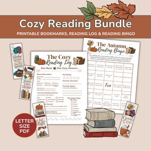 Può includere: Un set di lettura stampabile che include un diario di lettura, una scheda bingo di lettura autunnale e quattro segnalibri. Gli articoli presentano illustrazioni di libri, zucche e tazze con testo come The Cozy Reading Log e The Autumn Reading Bingo.