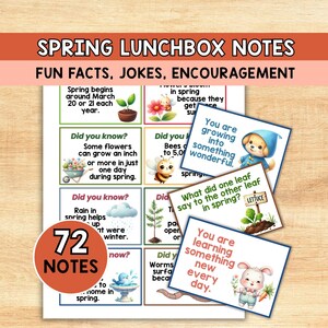 Op de afbeelding: Een set lunchboxnotities met lentethema met leuke weetjes, grappen en aanmoedigingen. De notities bevatten kleurrijke illustraties van bloemen, bijen en dieren, met tekst als 'Je groeit in iets prachtigs'. Bevat 72 notities.
