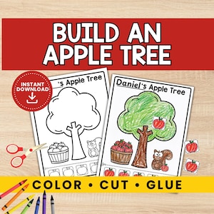May include: Two printable activity sheets titled Build an Apple Tree, one blank and one colored, featuring a tree, a basket of apples, and a squirrel. The sheets include cut-out apple shapes, a pair of red scissors, and colorful crayons.