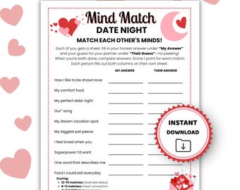 Jeu pour couples Mind Match, Saint-Valentin amusant ou rendez-vous amoureux à imprimer pour les couples, jeu-questionnaire sur les relations romantiques pour deux, jeu de la Saint-Valentin pour adultes