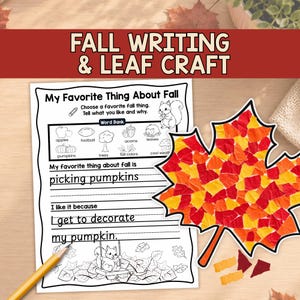 Può includere: Una scheda didattica intitolata My Favorite Thing About Fall con un glossario e righe per scrivere, accompagnata da un lavoretto a forma di foglia d'acero fatto con pezzi di carta rossa, arancione e gialla e una matita.