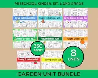 Garden Unit Study, Gardening Activity Pack, Homeschool Gardening Unit Preschool, Kinder, First Grade Garden Activities 250 Pg 8-Unit Bundle