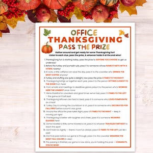 May include: A rectangular game card titled Office Thanksgiving Pass The Prize with a pumpkin illustration and fifteen numbered instructions for a group activity. The text is printed in orange and black on a white background with autumn leaf accents.