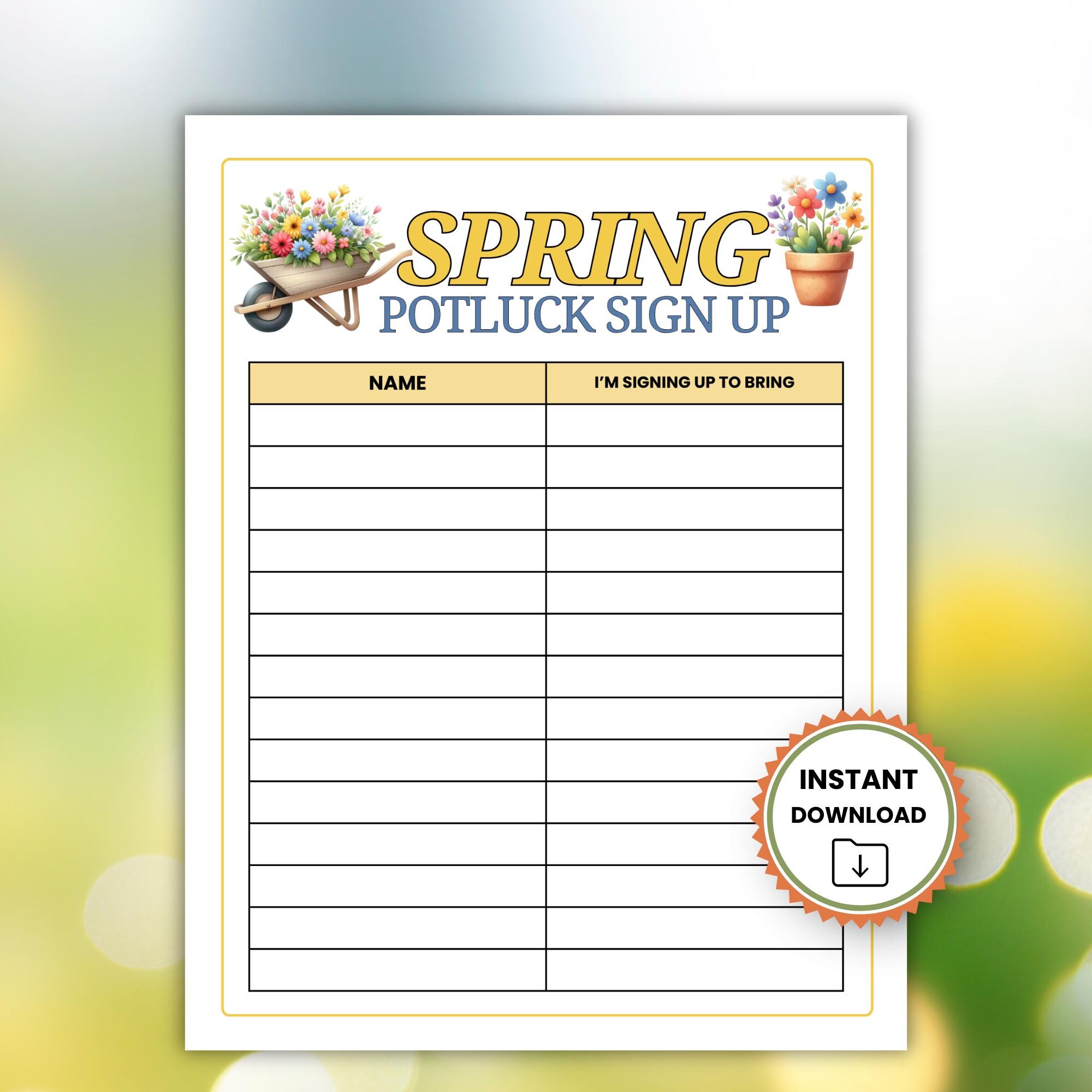 Spring Potluck Sign Printable Spring Potluck Sign up Sheet Printable, Spring Party Food Sign Up ...