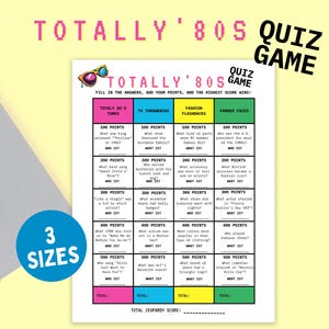 80s Trivia Game Printable | 80s Quiz Game for Party or Game Night Fun| 4 Categories | Instant Download PDF | Letter, A4, 5x7 | Answer Key