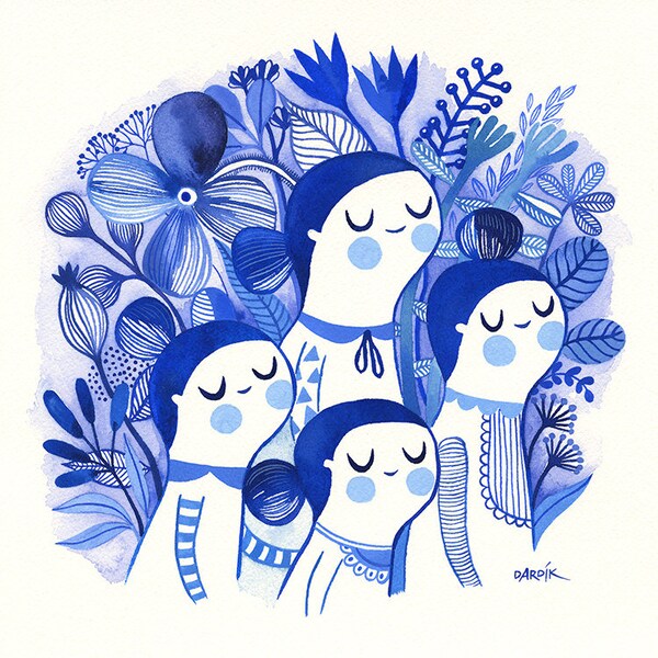 Indigo Sisters... - limited edition giclee print of an original watercolor illustration (8 x 8 in)