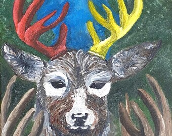 森の鹿の絵画、オリジナルアート、すぐに掛けられる、鹿の肖像画