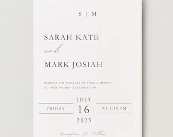 May include: A wedding invitation with a simple design. The invitation is white with black text. The text reads "S|M", "SARAH KATE and MARK JOSIAH", "REQUEST THE PLEASURE OF YOUR COMPANY AT THEIR WEDDING CELEBRATION", "FRIDAY JULY 16 AT 5:30 PM 2025", and "Reception to Follow".