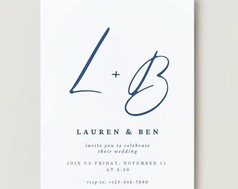 Navy Blue Elegant Modern Minimalist Wedding Invitation