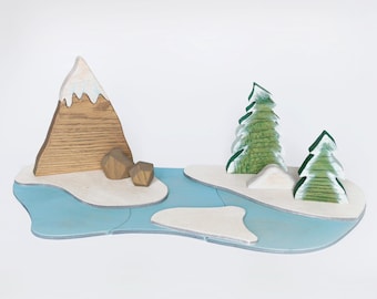Set da gioco in legno con paesaggio invernale: giocattolo Waldorf Montessori