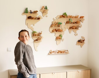 Houten wereldkaart voor kinderen | Wanddecoratie kinderkamer | Speelgoedopbergers