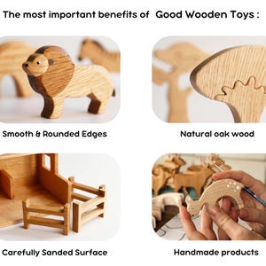 Puede incluir: Un collage de cuatro im&aacute;genes que muestra juguetes de madera con el texto The most important benefits of Good Wooden Toys. Incluye una figura de le&oacute;n, una forma de &aacute;rbol, una peque&ntilde;a estructura de valla y una mano pintando un ciervo en blanco.