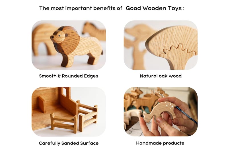 Puede incluir: Un collage de cuatro im&aacute;genes que muestra juguetes de madera con el texto The most important benefits of Good Wooden Toys. Incluye una figura de le&oacute;n, una forma de &aacute;rbol, una peque&ntilde;a estructura de valla y una mano pintando un ciervo en blanco.