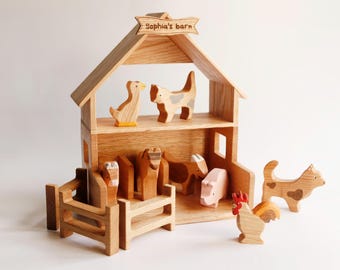 Hölzerner Spielzeug Bauernhof mit Tieren: Montessori Waldorf spielen