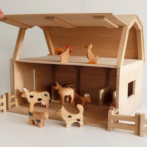 Wooden Toy Barn with Farm Animals | Handmade Natural Wood Playset | Montessori Farm Toy | Open-Ended Play for Kids