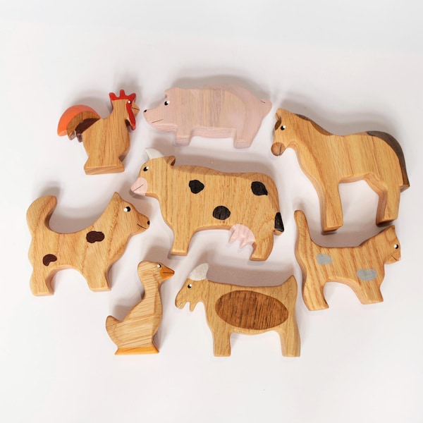 Conjunto de animales de granja de roble macizo: juguete Montessori Waldorf