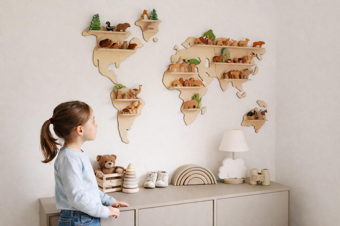 Wooden World Map Shelf | Montessori Display for Kids Room | Nursery ...