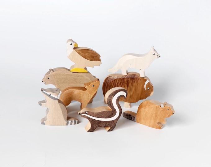 Handcrafted Wooden North American Animal Set: Waldorf Montessori Toy