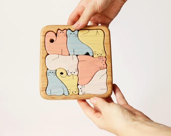 Handgemaakte houten dierenpuzzel: montessorispeelgoed voor peuters, educatief spel