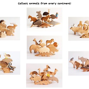 Puede incluir: Una colecci&oacute;n de figuras de animales de madera dispuestas en siete grupos distintos, cada uno representando diferentes especies de varios continentes. El texto "Collect animals from every continent!" est&aacute; impreso en la parte superior.